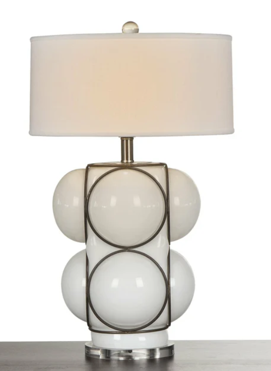 White glass double bubble lamp with dark iron details