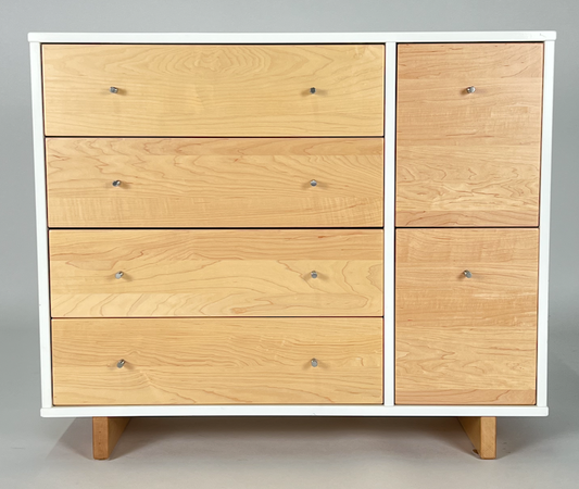 White cabinet with maple drawers