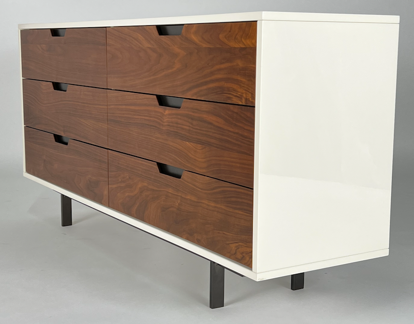 Dresser with gloss white cabinet and 6 walnut drawers