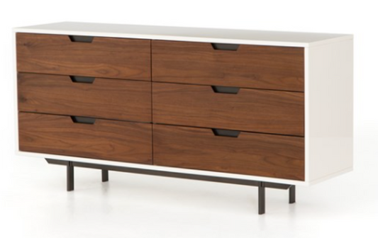 Dresser with gloss white cabinet and 6 walnut drawers