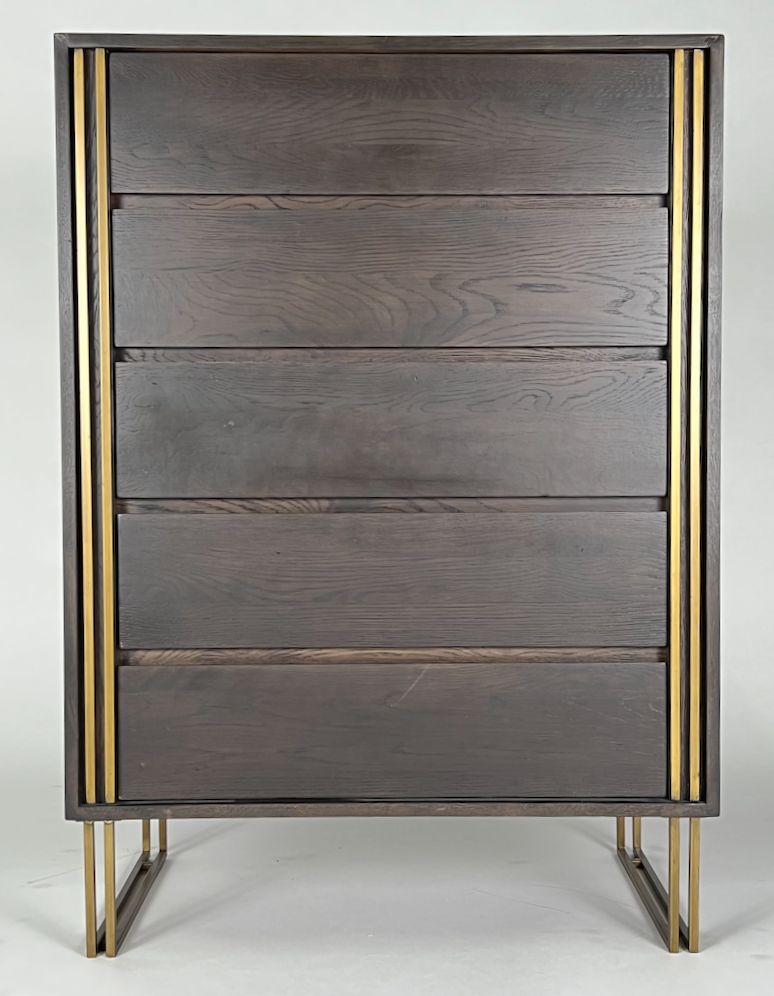 Rubbed black oak tall 5 drawer dresser with brass detailing