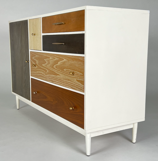 Patchwork wood dresser with white cabinet, brass hardware