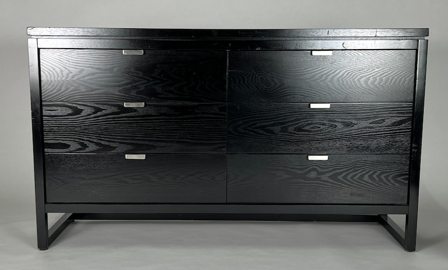 Black 6 drawer dresser with U-shaped legs, stainless handles
