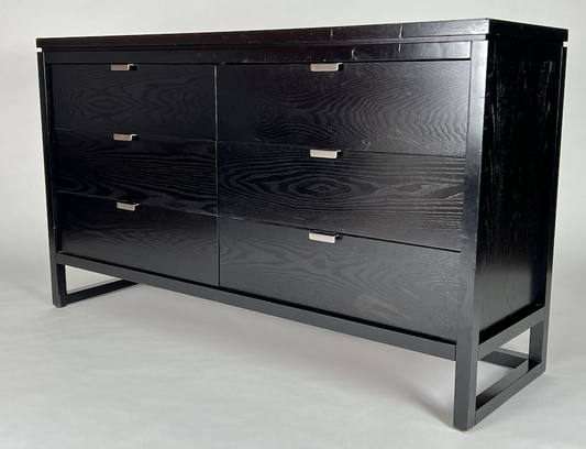 Black 6 drawer dresser with U-shaped legs, stainless handles
