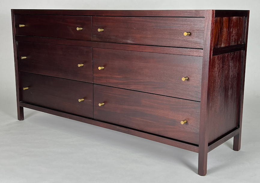 Dark wood 6 drawer dresser with matte finish brass pulls