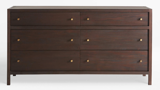 Dark wood 6 drawer dresser with matte finish brass pulls
