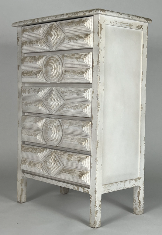 White tramp art inspired tall dresser with 5 drawer