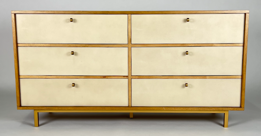 Toasted oak dresser with cream faux shagreen drawers, brass frame & hardware