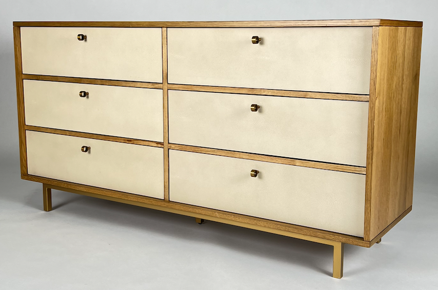 Toasted oak dresser with cream faux shagreen drawers, brass frame & hardware