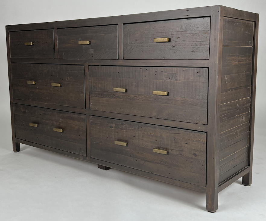 Dark distressed wood 7 drawer dresser with brass hardware