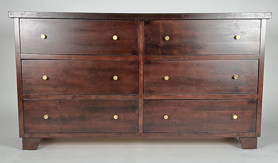 Dark wood 6 drawer dresser with brass knobs