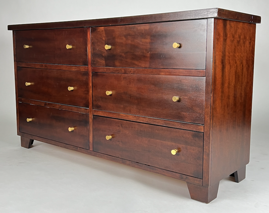 Dark wood 6 drawer dresser with brass knobs