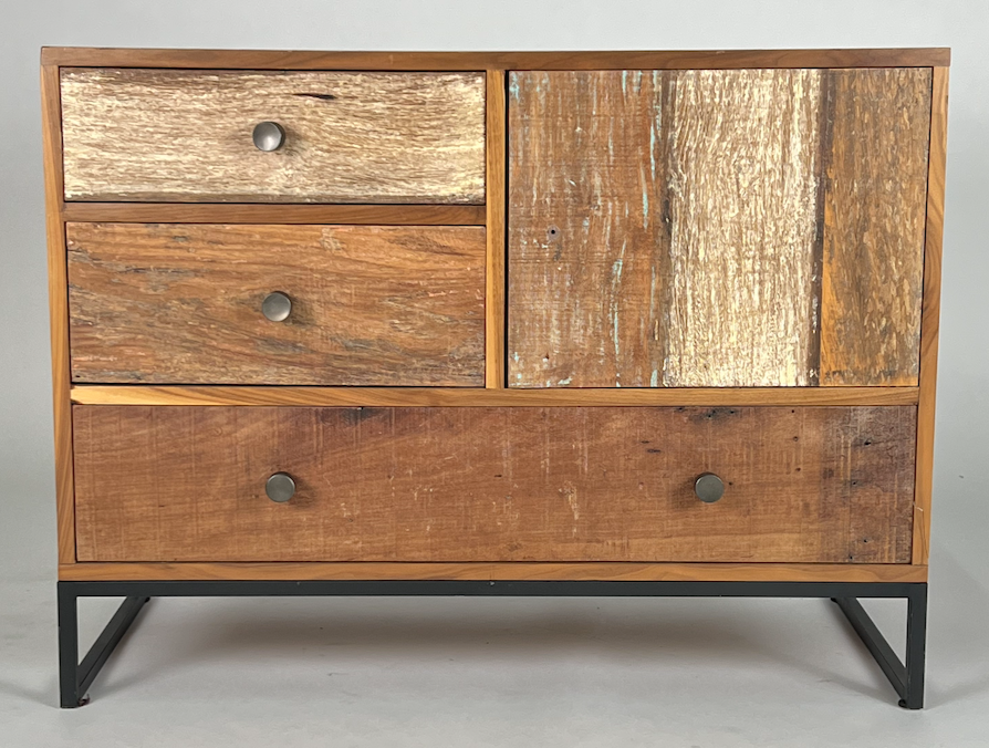 Dresser with distressed wood drawers and cab door, black iron frame
