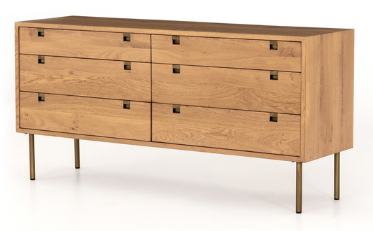 Solid natural oak 6 drawer dresser with brass legs and finger pulls