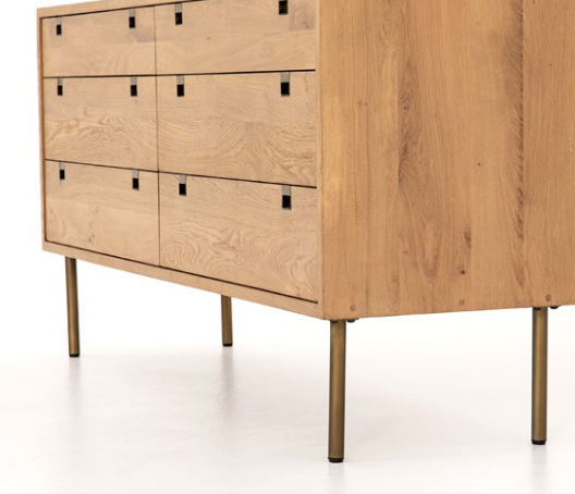 Solid natural oak 6 drawer dresser with brass legs and finger pulls