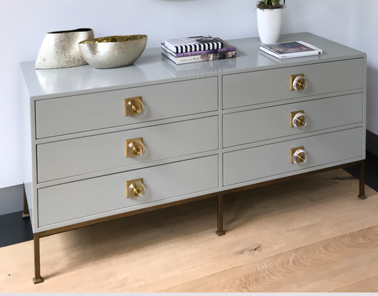 Hi gloss lacquer pale céladon dresser with brass and Lucite pulls