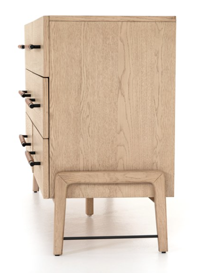 Light oak 6 drawer dresser with leather wrapped bar handles