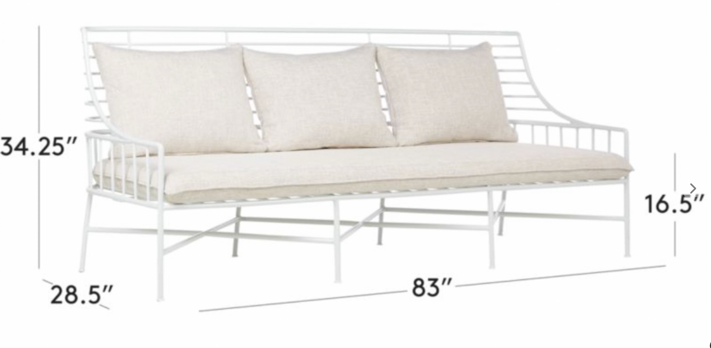 White metal outdoor sofa with bench seat cushion & three back cushion