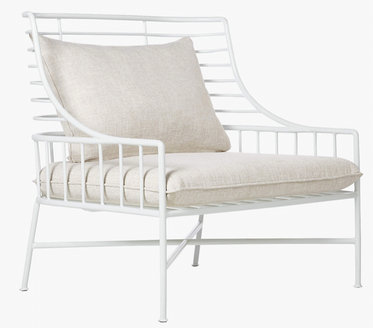 White metal outdoor chair with seat and back cushions