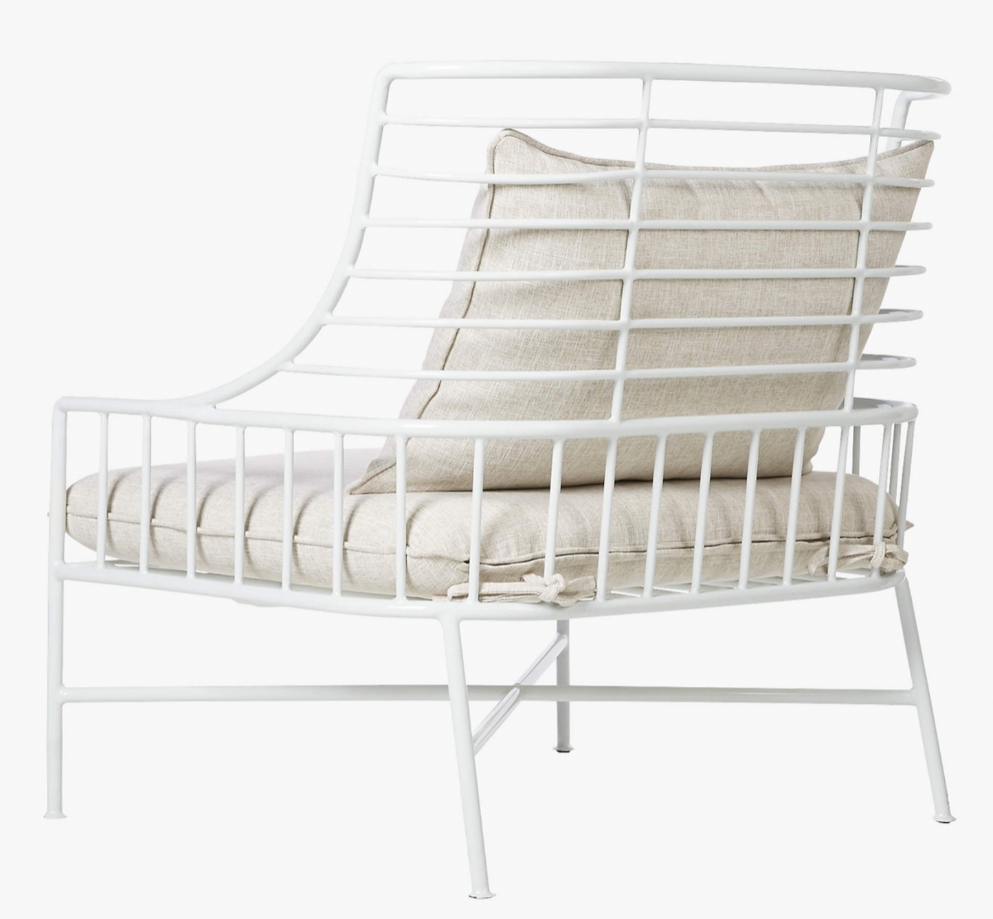 White metal outdoor chair with seat and back cushions