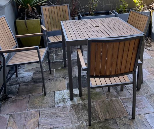 Dark wood outdoor dining chair, dark gray powder coated frame