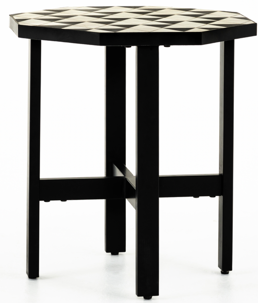 Black and white tiled outdoor side table