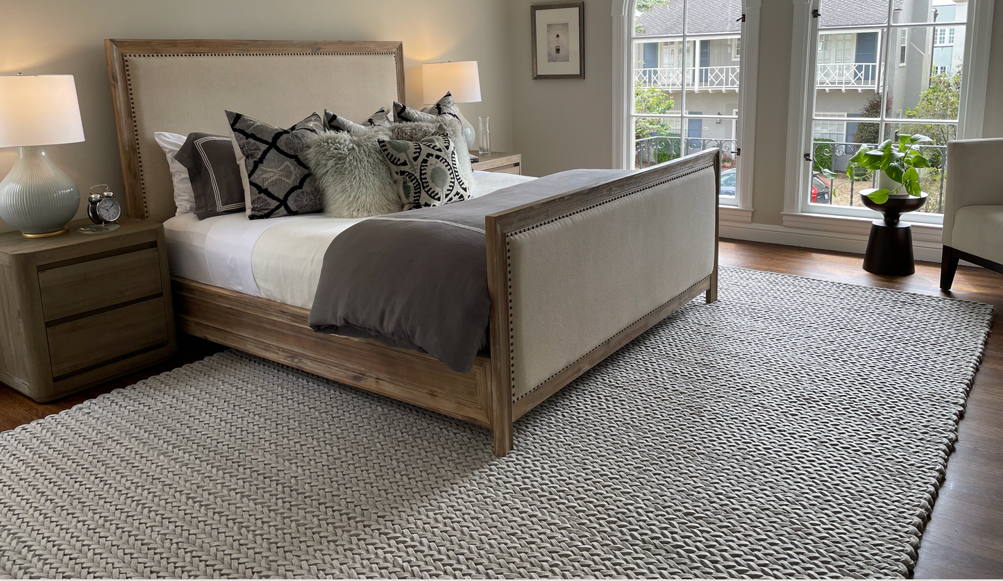 Cal King bed frame, washed wood frame with tan fabric and nailhead trim
