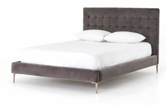 King bed frame, velvety gray button tufted, antique brass finished legs