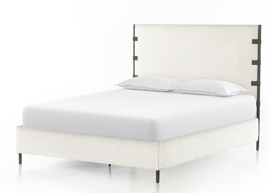 King bed frame, cream boucle with leather strap detailing