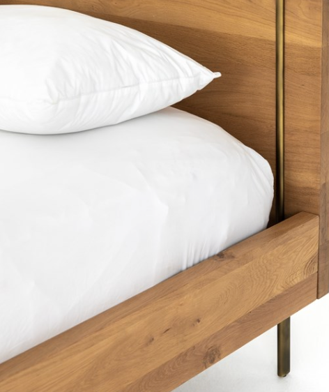 Solid natural oak Queen bed frame with linear accents of satin brass, Danish inspired