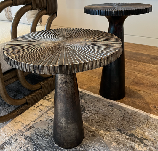 Warm blackened zinc pedestal side table with fluted top, small