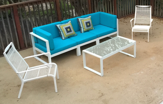 Outdoor white powder coated frame with turquoise cushions