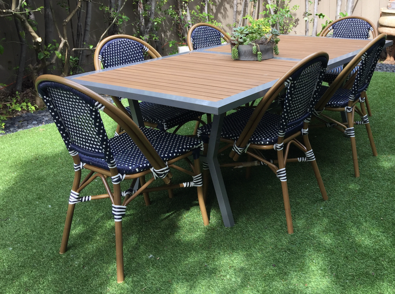 Teak and light gray powder coated rectangular outdoor dining table