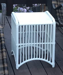Small white outdoor side table, rattan w/ solid top