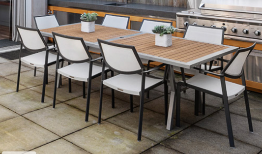 Teak and light gray powder coated rectangular outdoor dining table