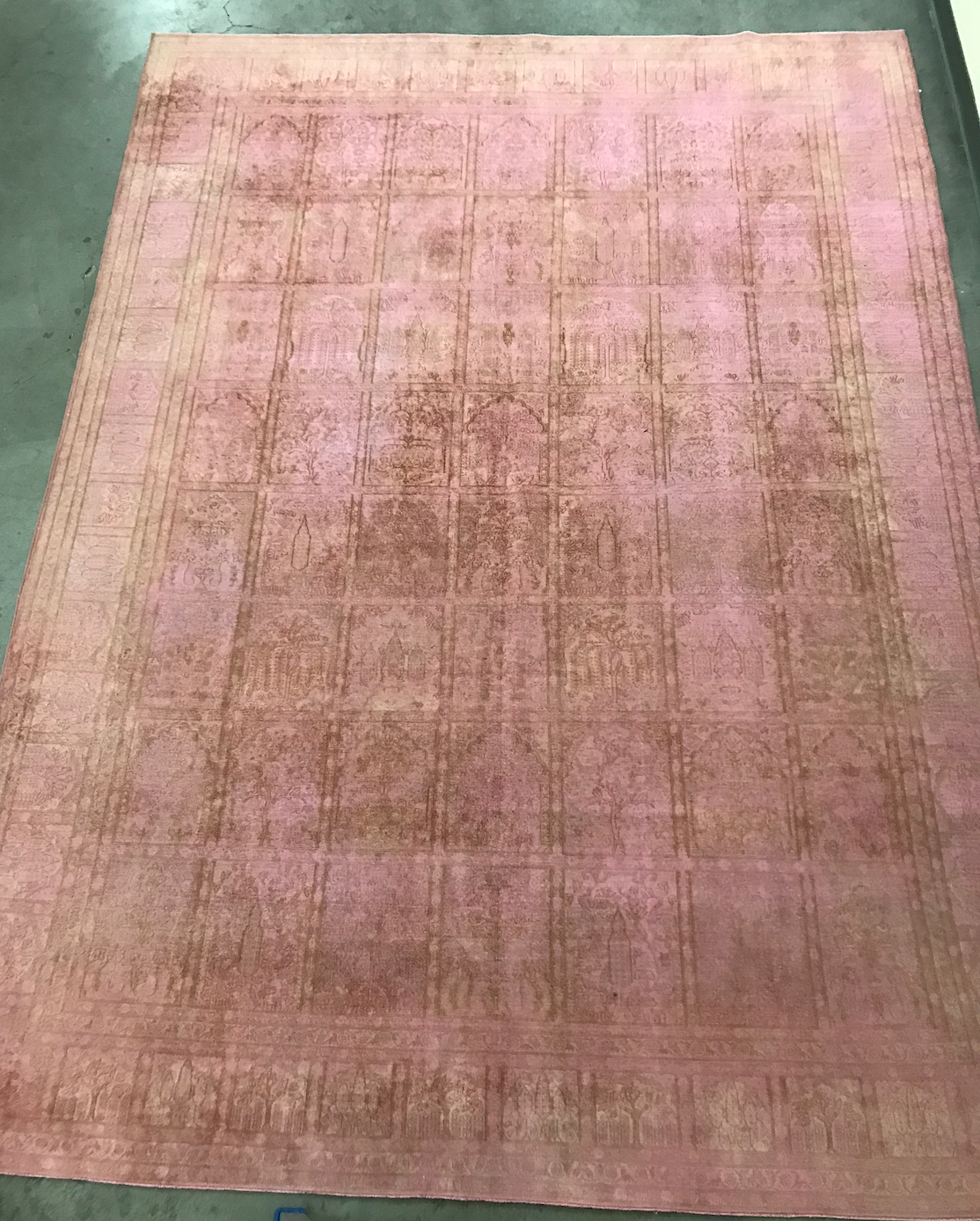 Vintage silk over dyed light pink rug w/ grid pattern