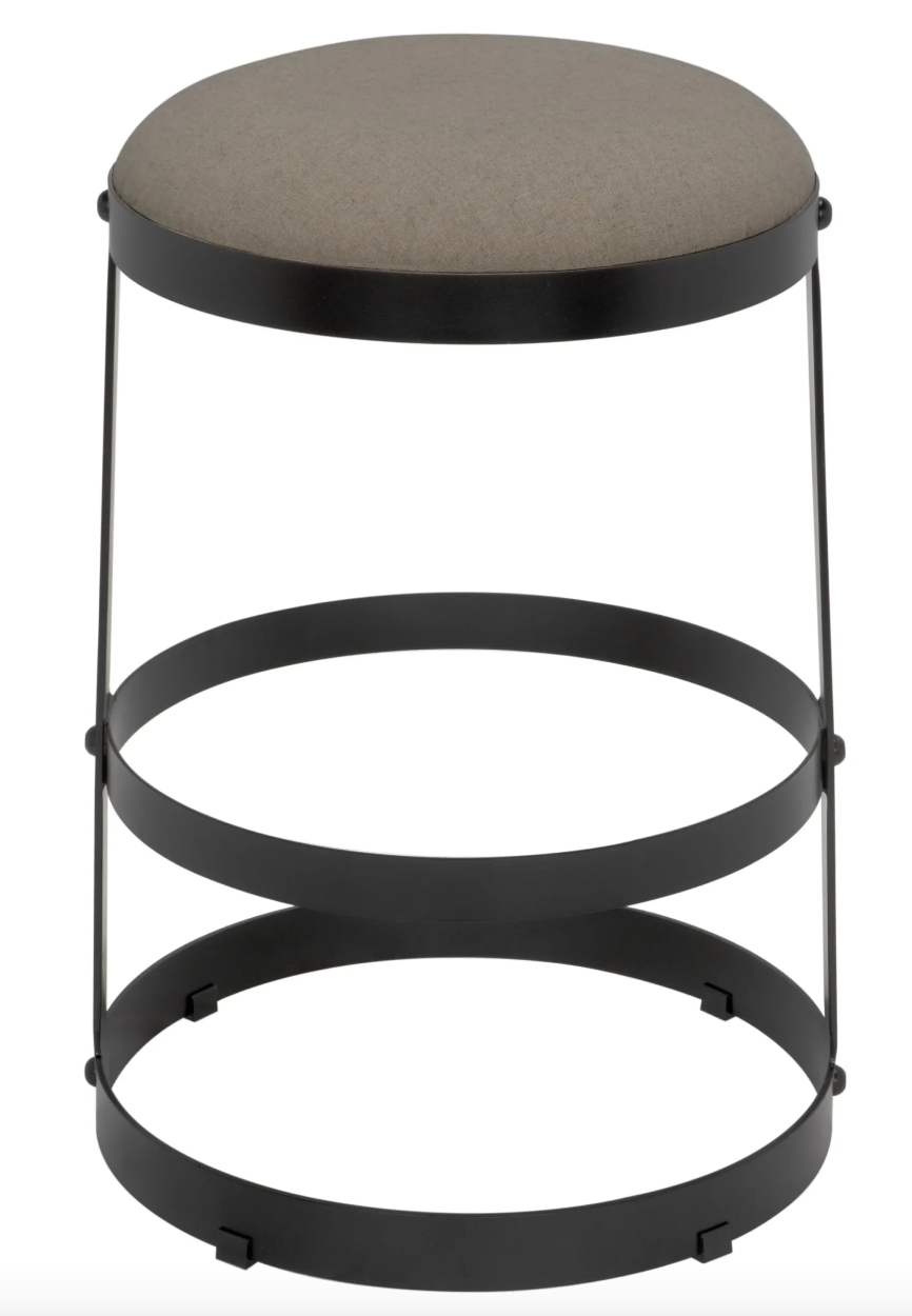 Counter stool w/ matte black metal base and linen seat