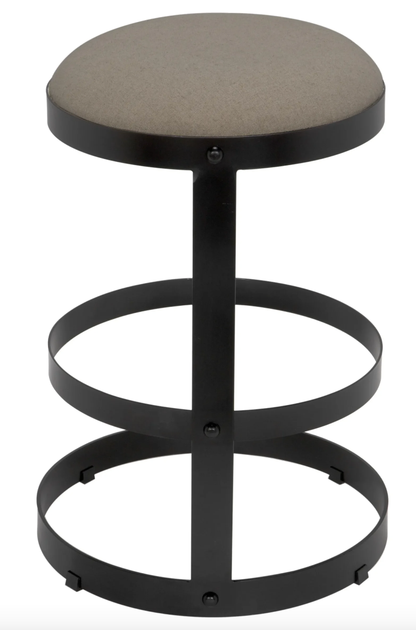 Counter stool w/ matte black metal base and linen seat