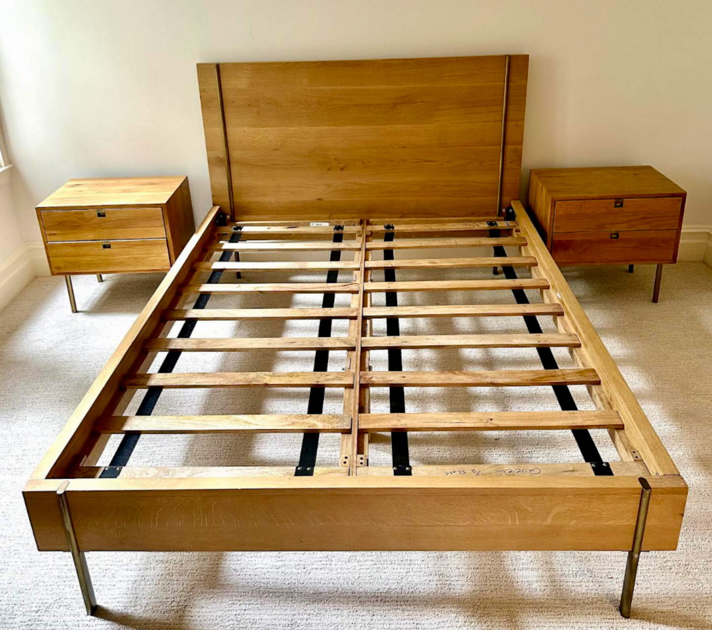 Solid natural oak Queen bed frame with linear accents of satin brass, Danish inspired