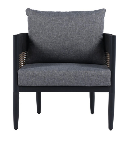 Outdoor chairs with charcoal cushions, black and tan frame
