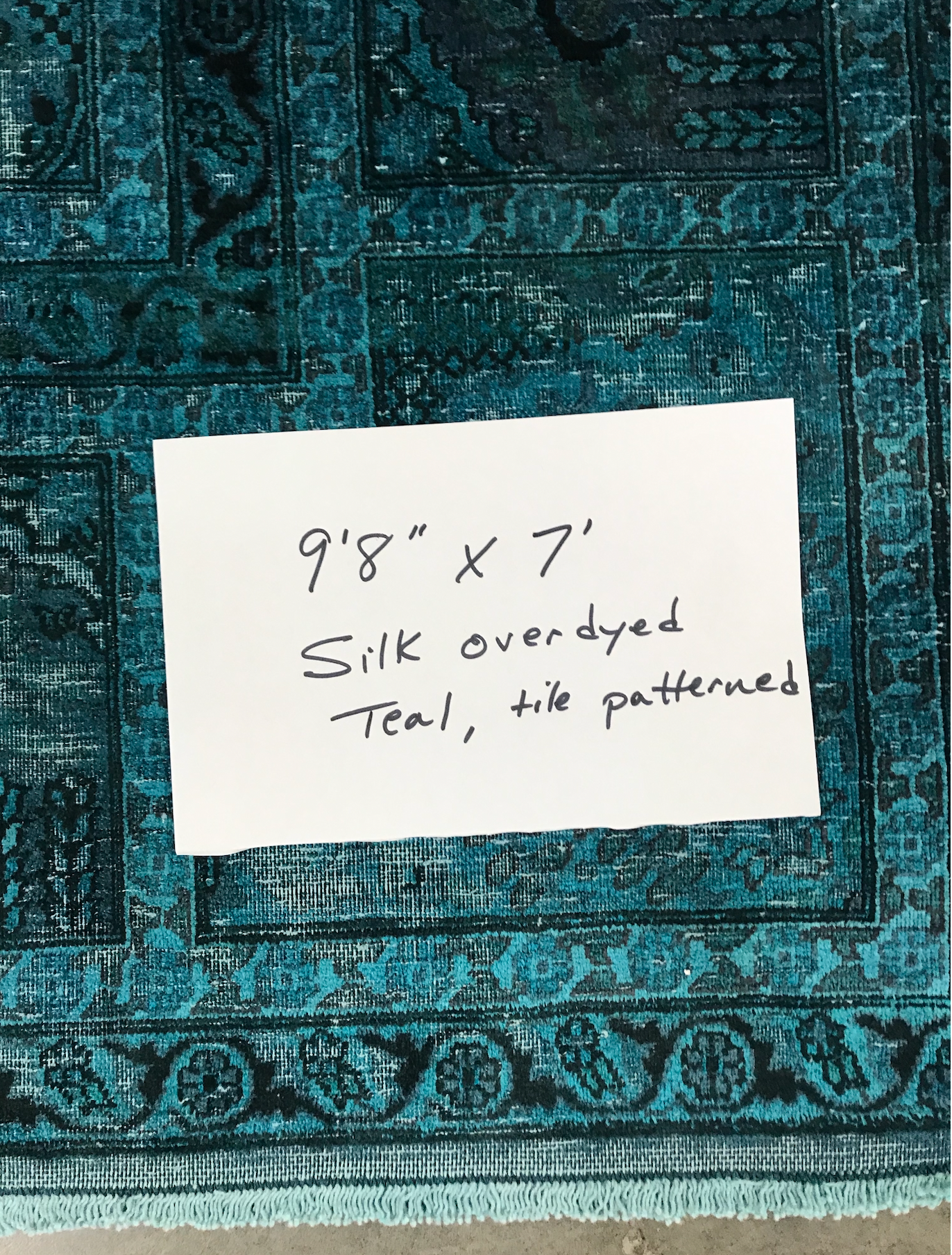7' x 9'8", Teal silk rug, tile pattern,