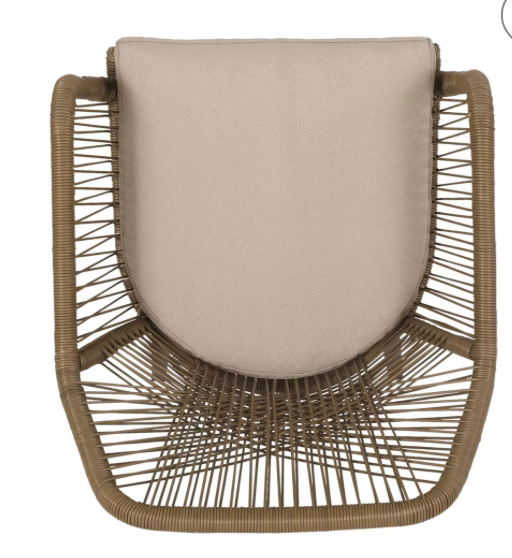 Brown and beige outdoor dining chair w/ tan cushion, iron frame