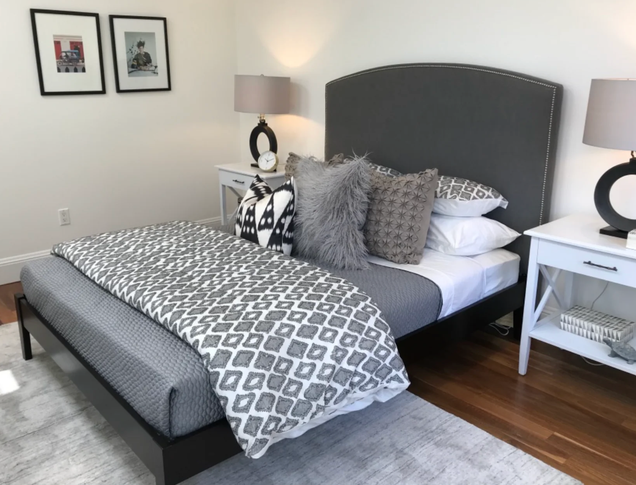 63w x 57h, curved gray headboard with nailhead trim