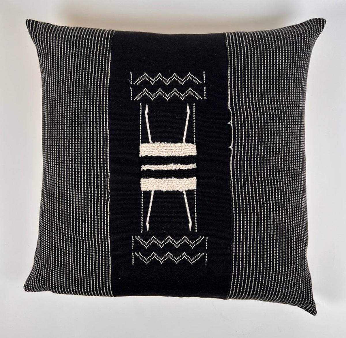 Black Pinstripe Pillow with Tufted Center Panel, 24" x 24"