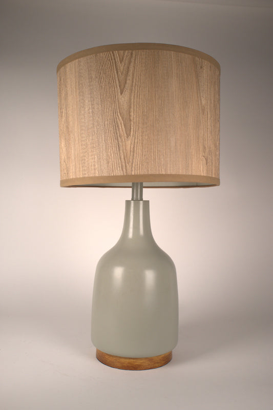 Green Gray Ceramic Table Lamp With Wood Shade