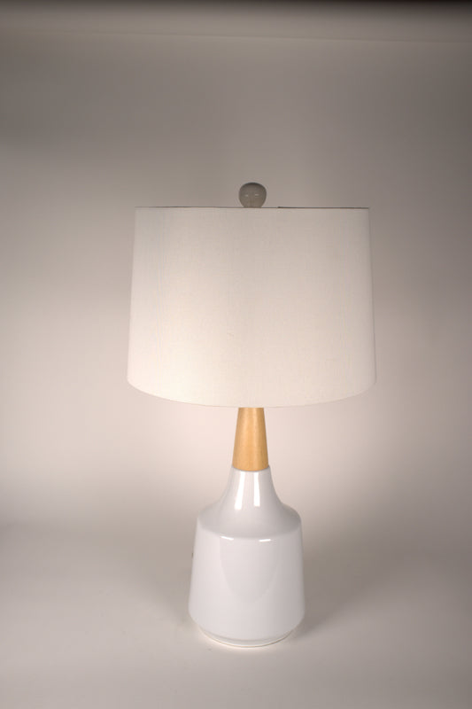 White and Light Wood Base Table Lamp