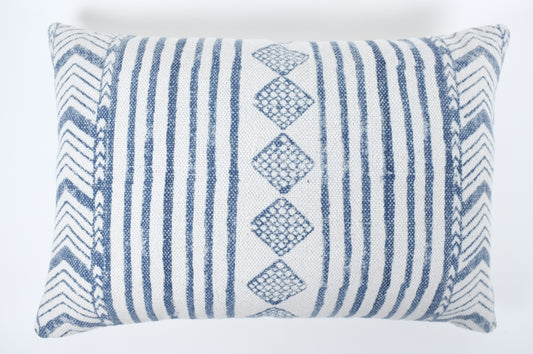 White with Blue Turkish Rug Design Lumbar Pillow
