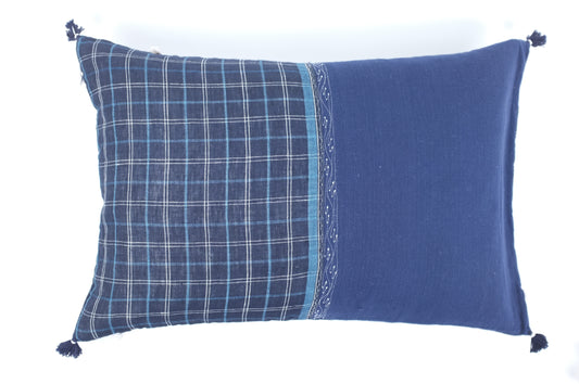 Navy Blue Half Plaid with Tassels Lumbar Pillow