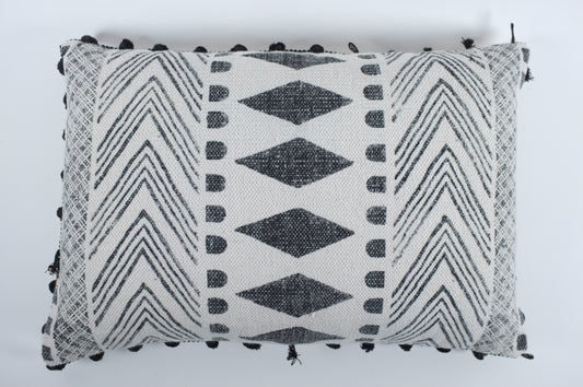 Black and White Moroccan Center Diamonds with Tassels Lumbar Pillow