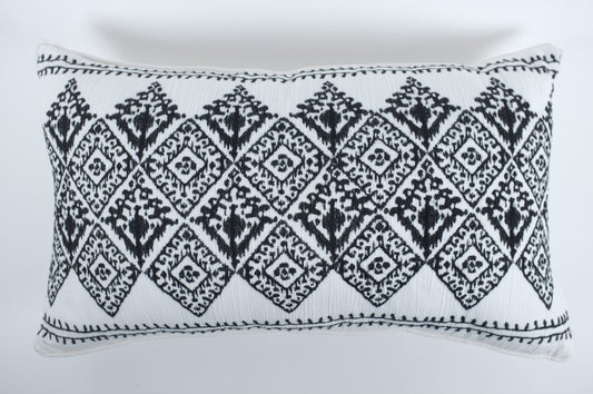 White/Black Diamond Stitched Florals Lumbar Pillow